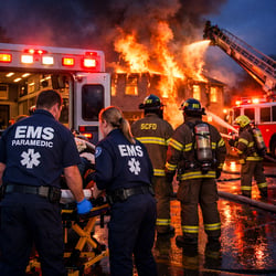 EMS Fire Response at Night